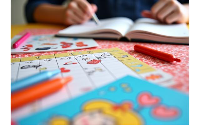 学生がアニメキャラクターの文具を使って勉強している様子