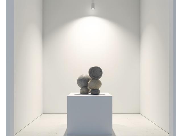 ミニマルなギャラリー空間に展示された抽象的なアートトイのオブジェ