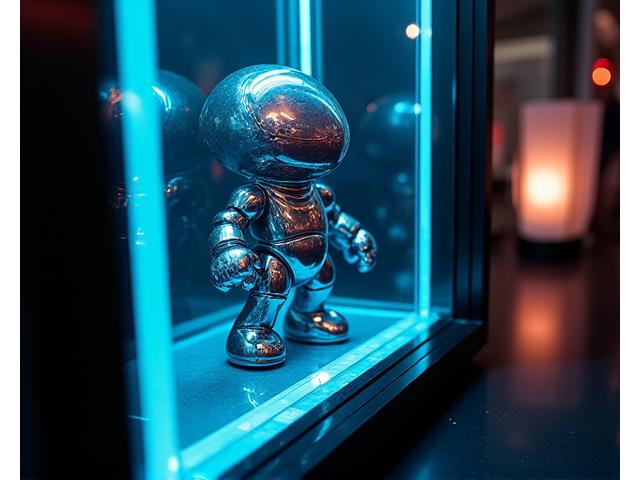 最新の限定版アートトイが光を放つように展示されている様子